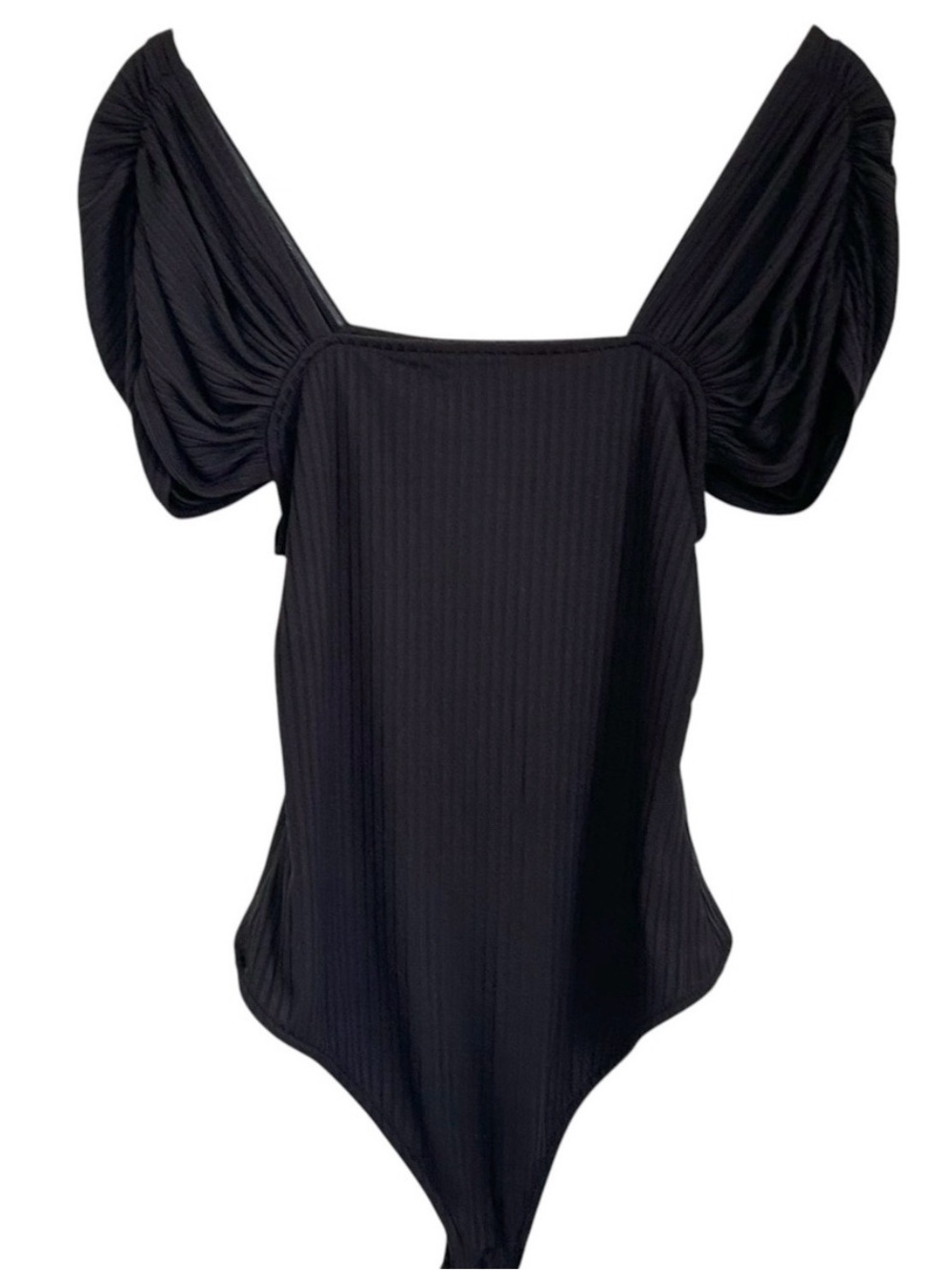 Free People Black Ribbed Puff-Sleeve Bodysuit with Square Neck